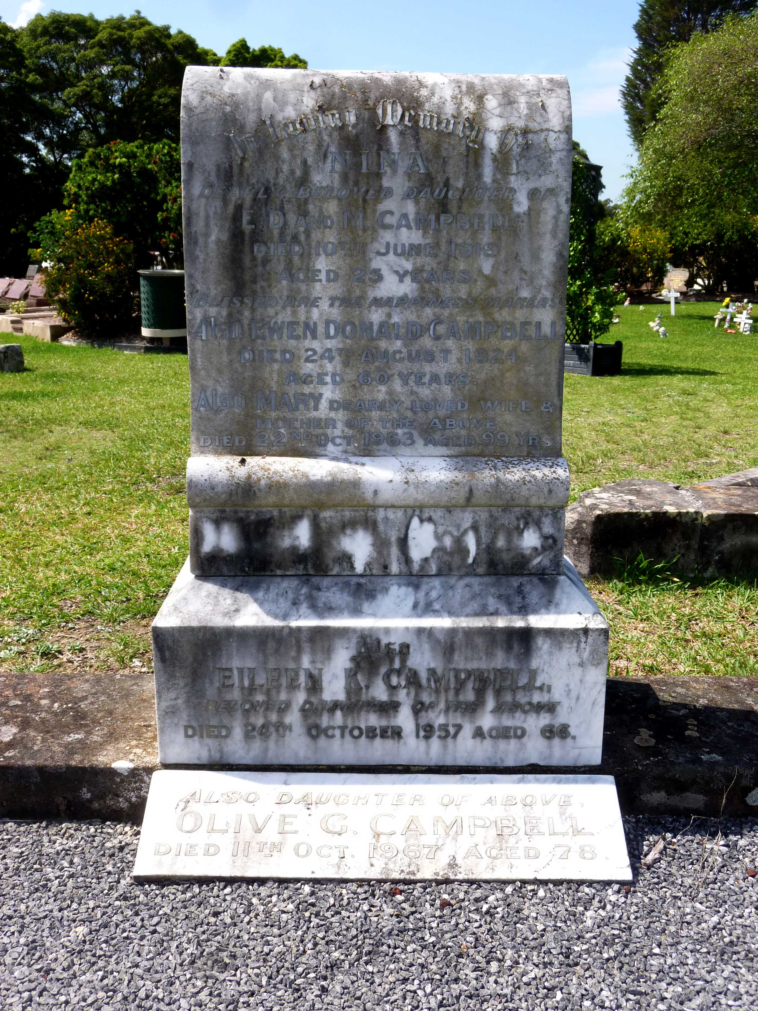 Photo of headstones/Mary Campbell (nee McLennan) d1963 &fam Woronora hdstn